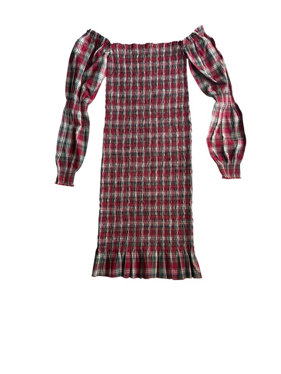Nothing Fits But Dresses & Skirts - Nothing Fits But Plaid Smocked Off-Shoulder Midi Dress Puff Sleeve S/M Maternity